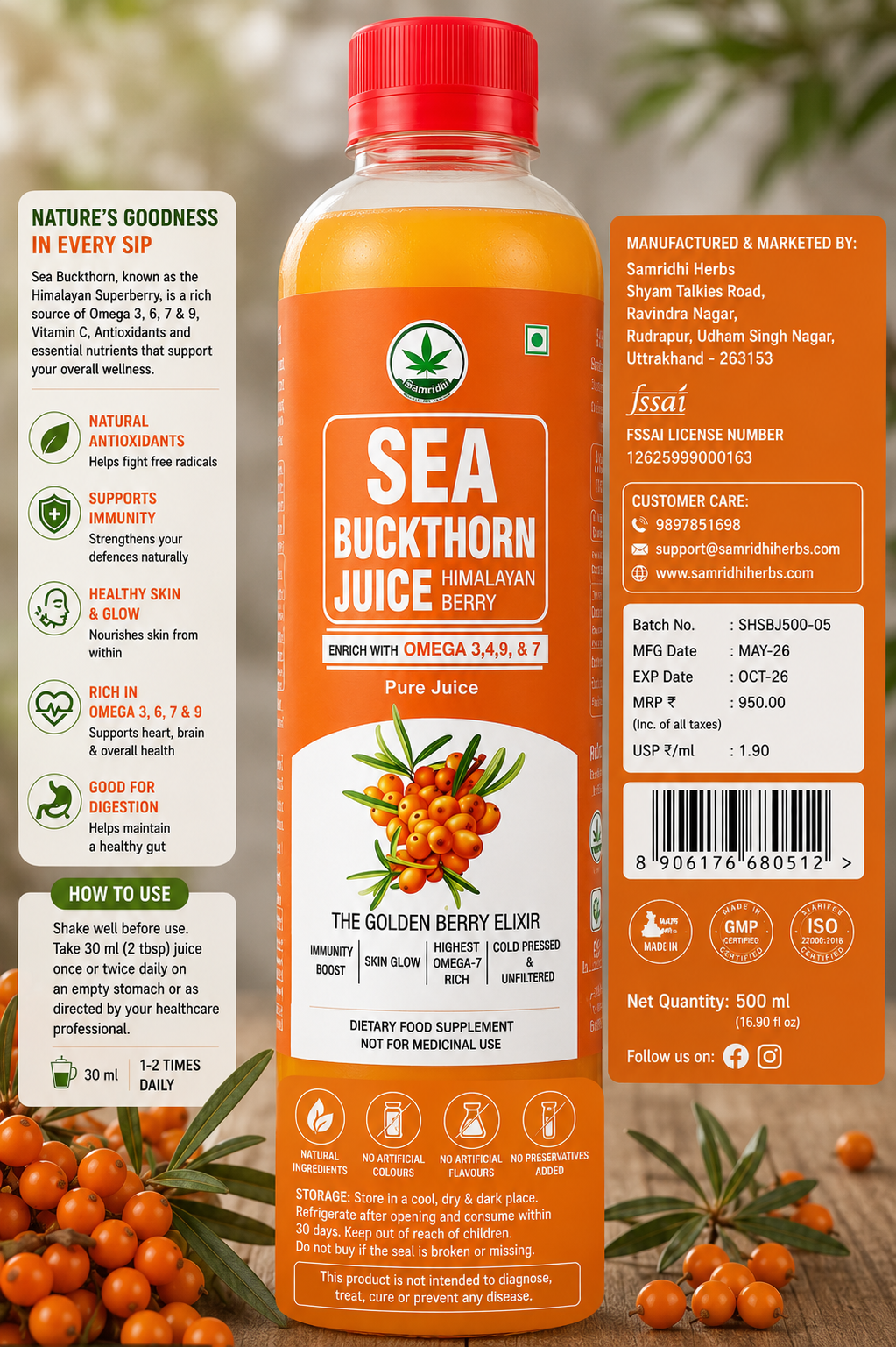 Sea Buckthorn Berry Juice - Rich in Antioxidants, Omega 3, 6, 7, 9 & Vitamin C