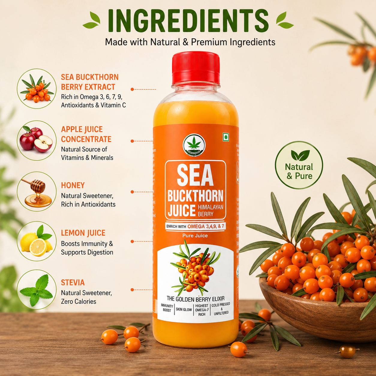Sea Buckthorn Berry Juice - Rich in Antioxidants, Omega 3, 6, 7, 9 & Vitamin C