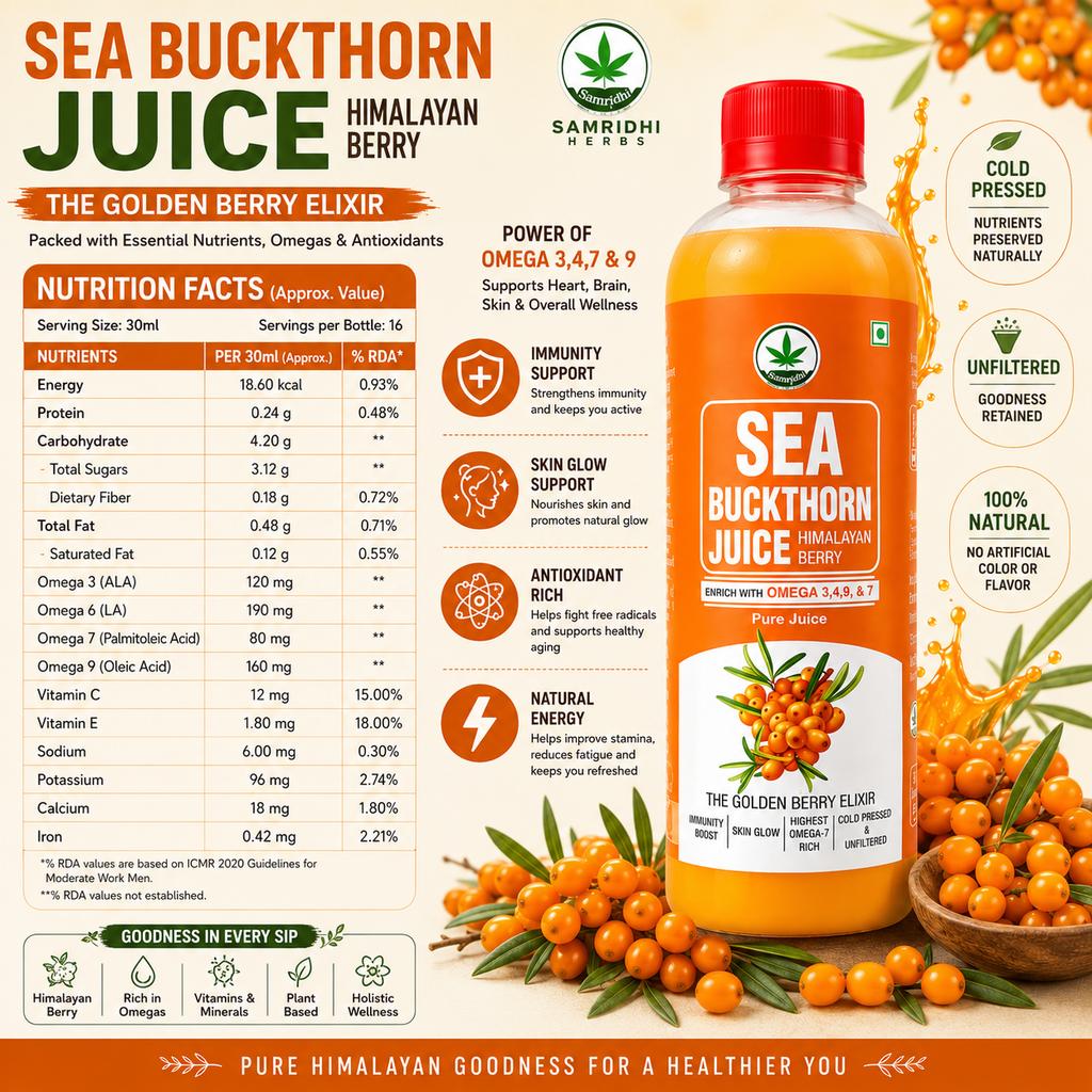 Samridhi Herbs Sea Buckthorn Juice 500ml with Himalayan Sea Buckthorn berries for immunity and wellness.