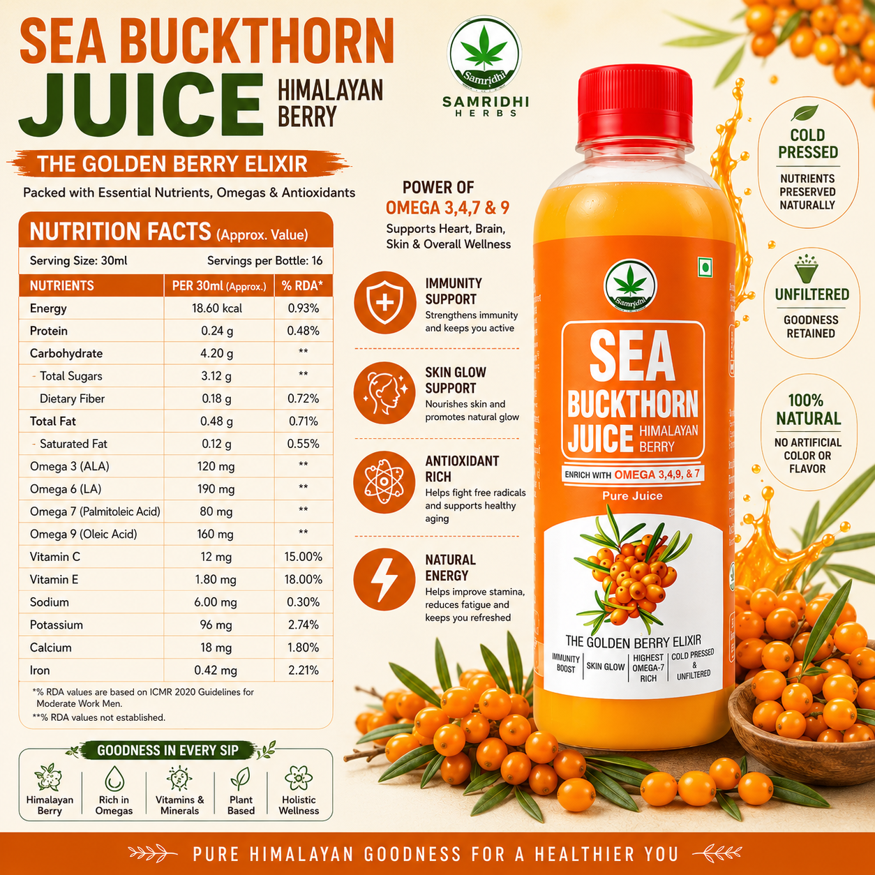 Samridhi Herbs Sea Buckthorn Juice 500ml with Himalayan Sea Buckthorn berries for immunity and wellness.