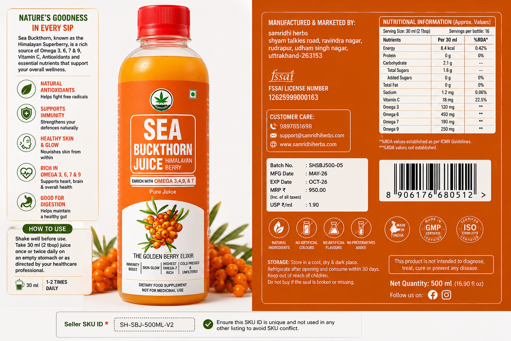 Samridhi Herbs Sea Buckthorn Juice 500ml with Himalayan Sea Buckthorn berries for immunity and wellness.