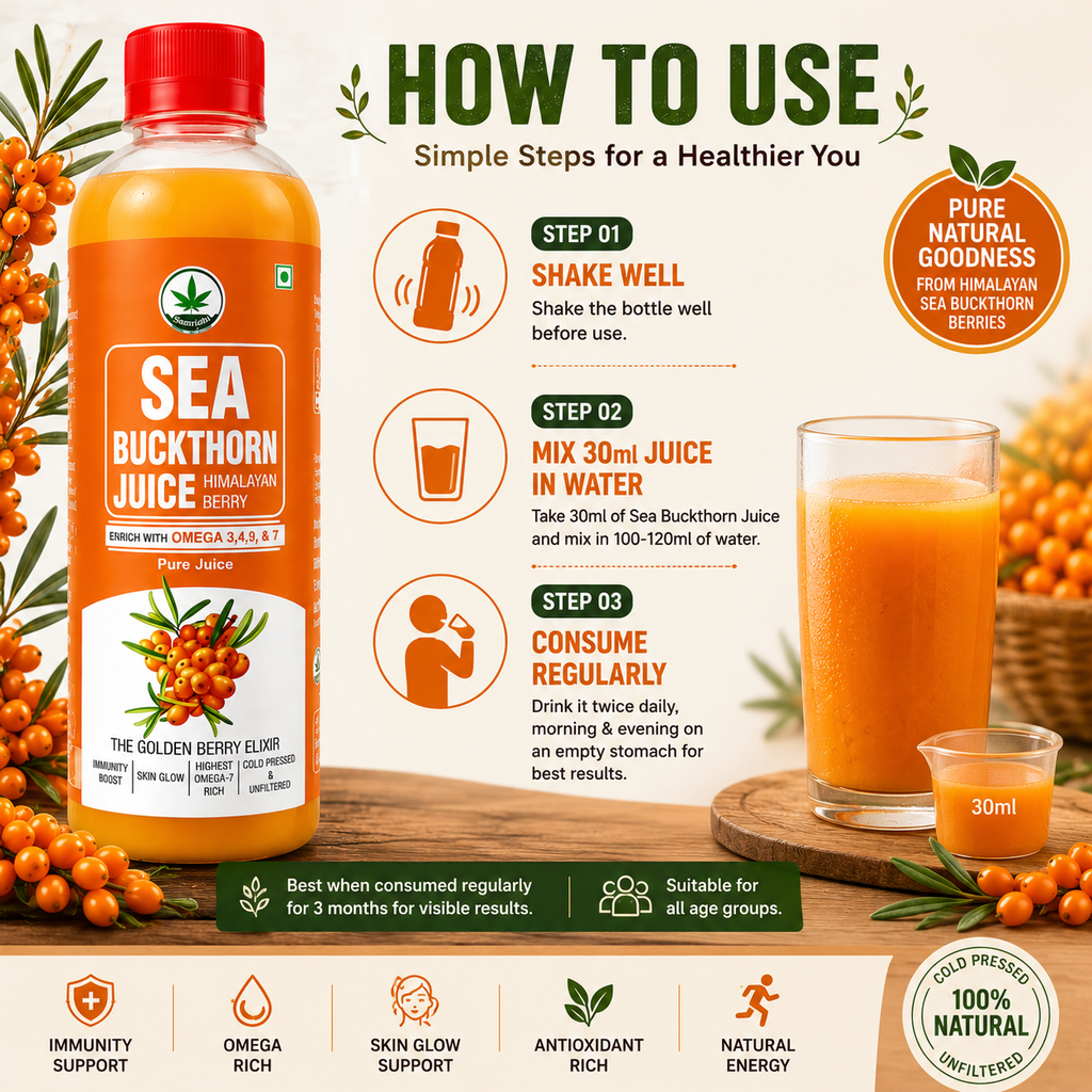 Samridhi Herbs Sea Buckthorn Juice 500ml with Himalayan Sea Buckthorn berries for immunity and wellness.
