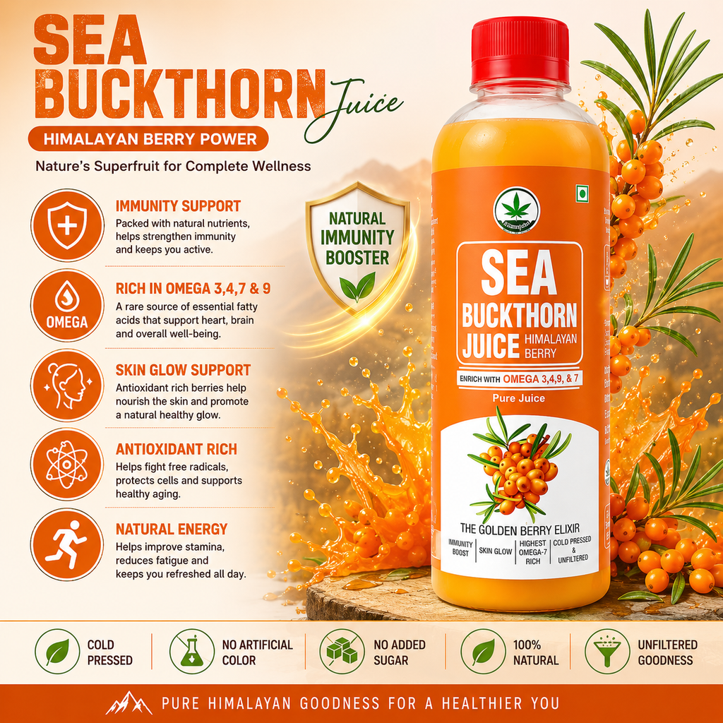 Samridhi Herbs Sea Buckthorn Juice 500ml with Himalayan Sea Buckthorn berries for immunity and wellness.