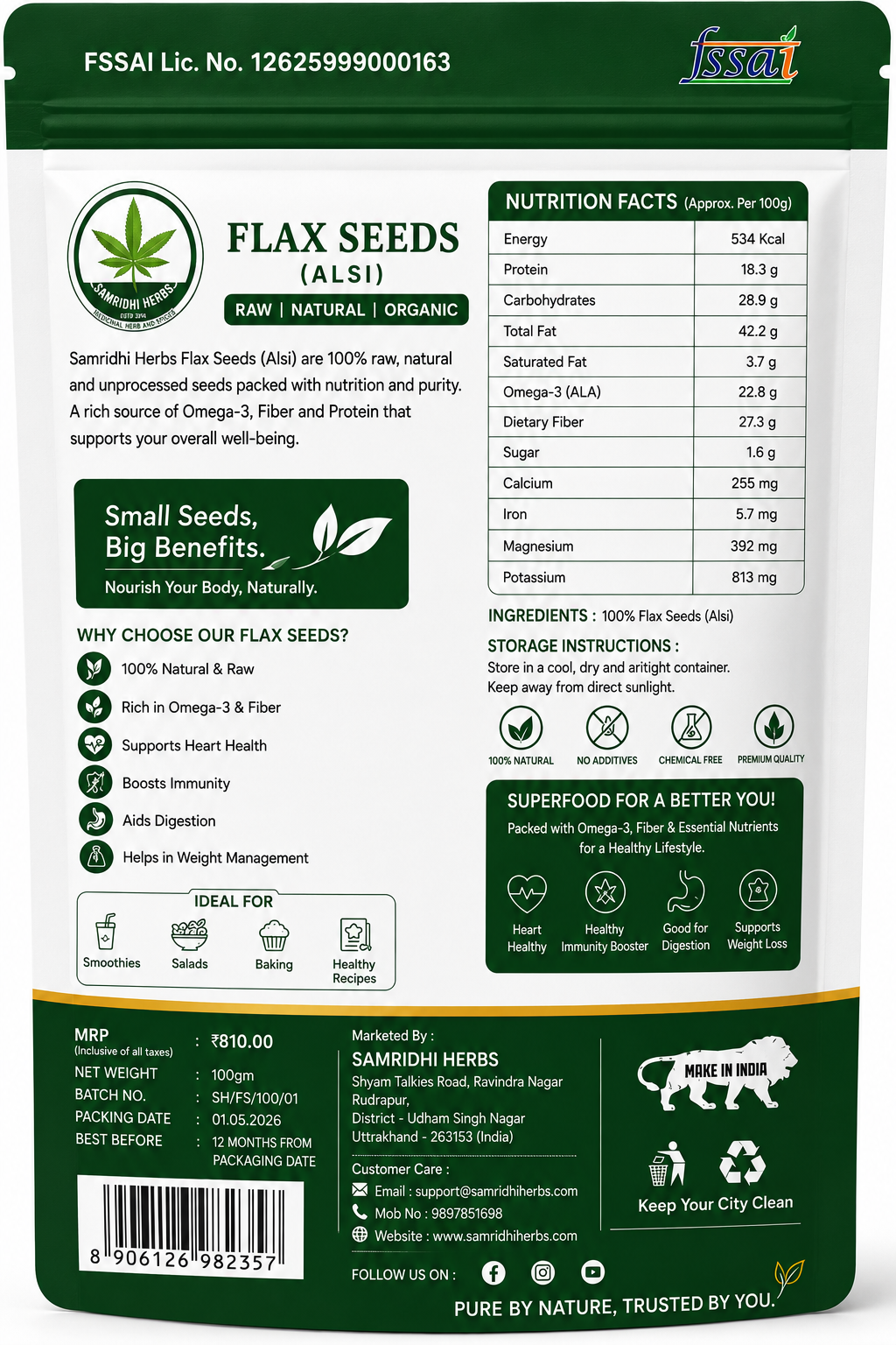 Flax Seeds (Alsi Beej) 100gm – Raw & Natural Omega-3 Superfood