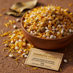 American Saffron Safflower Kusum Beej seeds in wooden bowl with orange petals