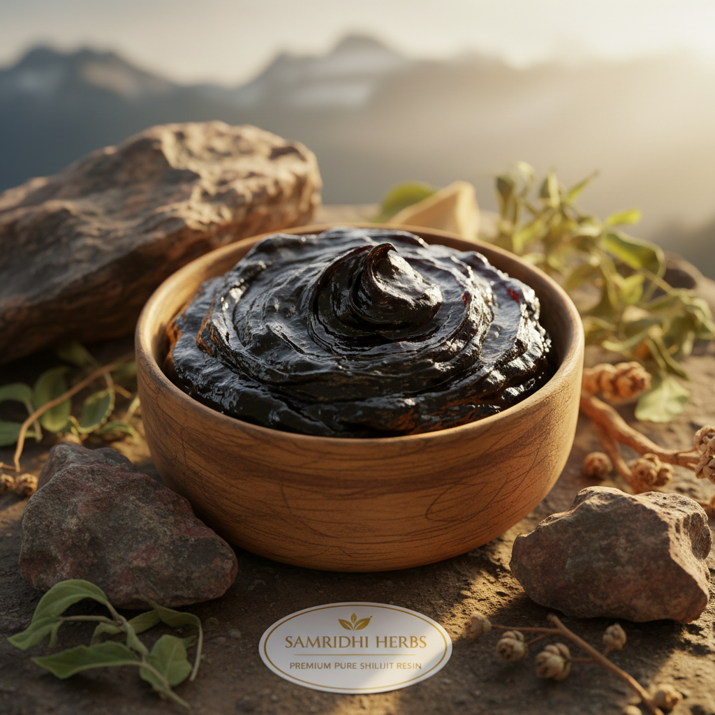 Pure Himalayan Shilajit resin in wooden bowl with mountain herbs by SAMRIDHI HERBS