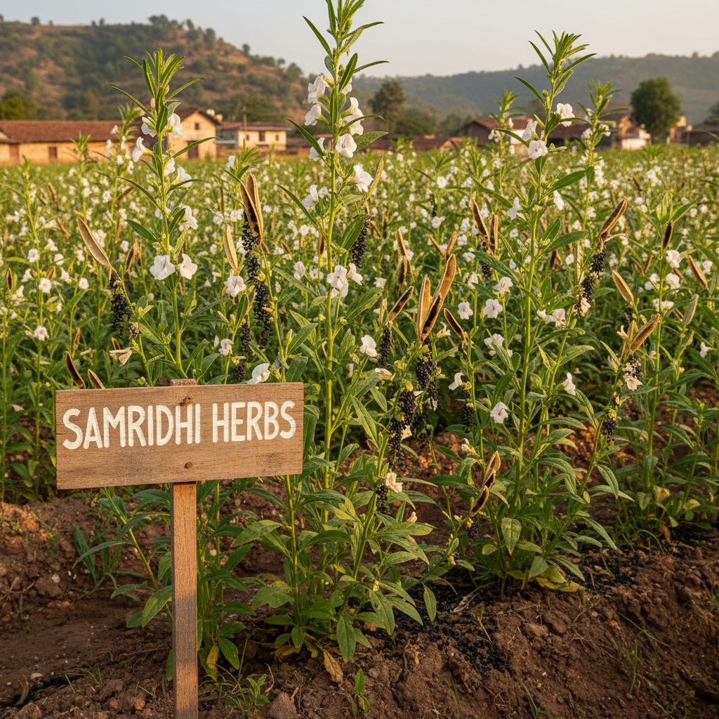 Black Sesame plant with ripe seed pods in Indian farm field