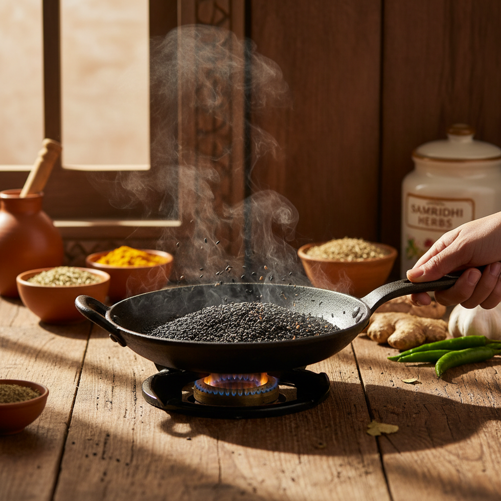 Black Sesame Seeds being toasted in traditional Indian cooking