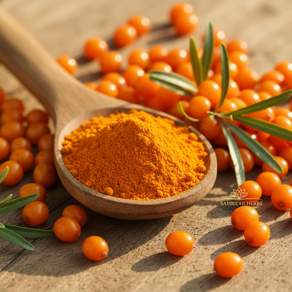 Sea Buckthorn Berry Powder in wooden spoon with fresh berries and leaves