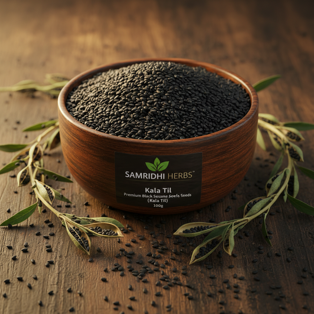 Black Sesame Seeds Kala Til in wooden bowl with sesame plant branches