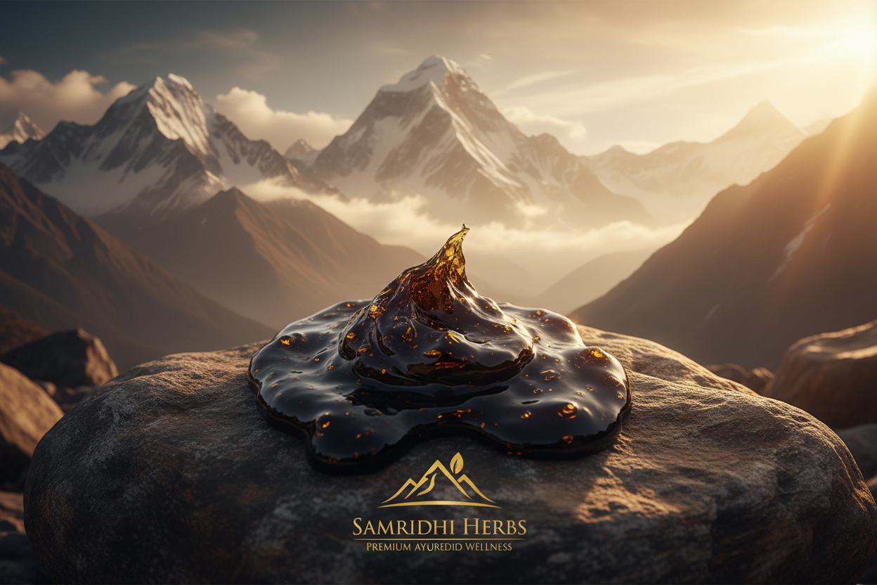 Pure Himalayan Shilajit resin on rock with mountain peaks - SAMRIDHI HERBS