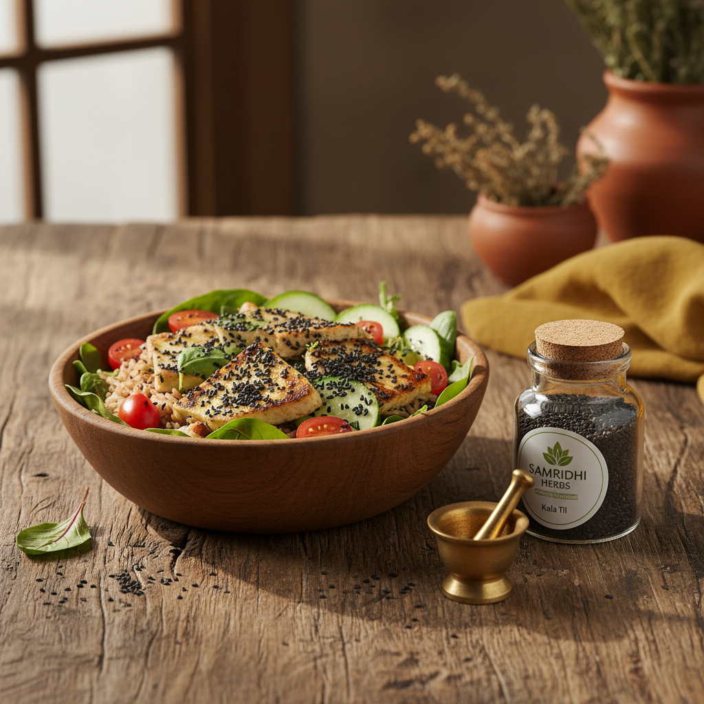 Black Sesame Seeds sprinkled over healthy food bowl - Ayurvedic superfood