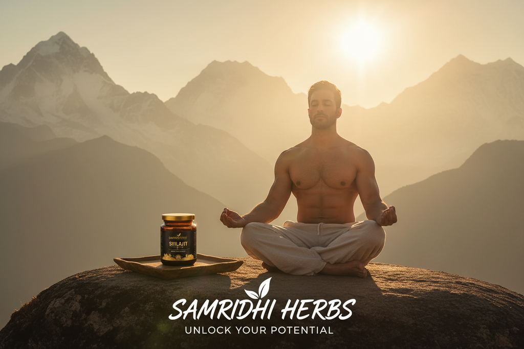 Shilajit wellness lifestyle - strength vitality Himalayan sunrise meditation