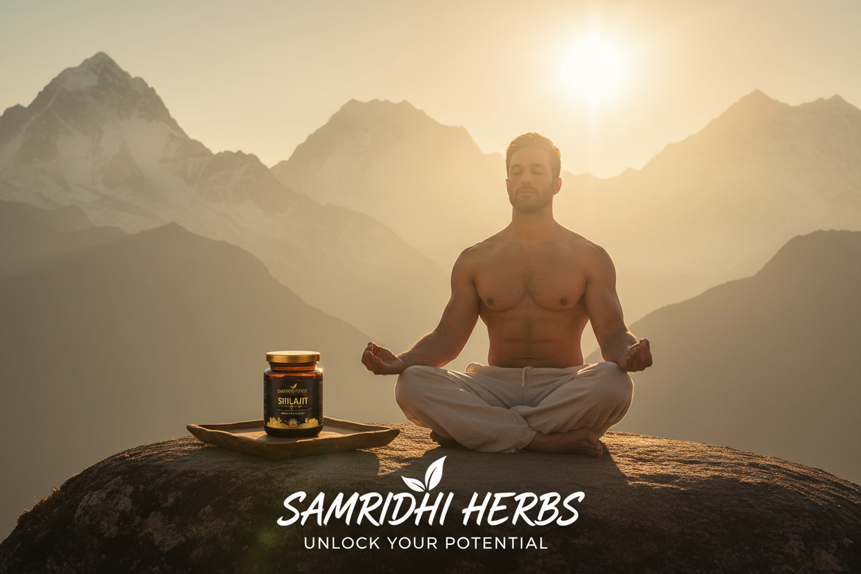 Shilajit wellness lifestyle - strength vitality Himalayan sunrise meditation