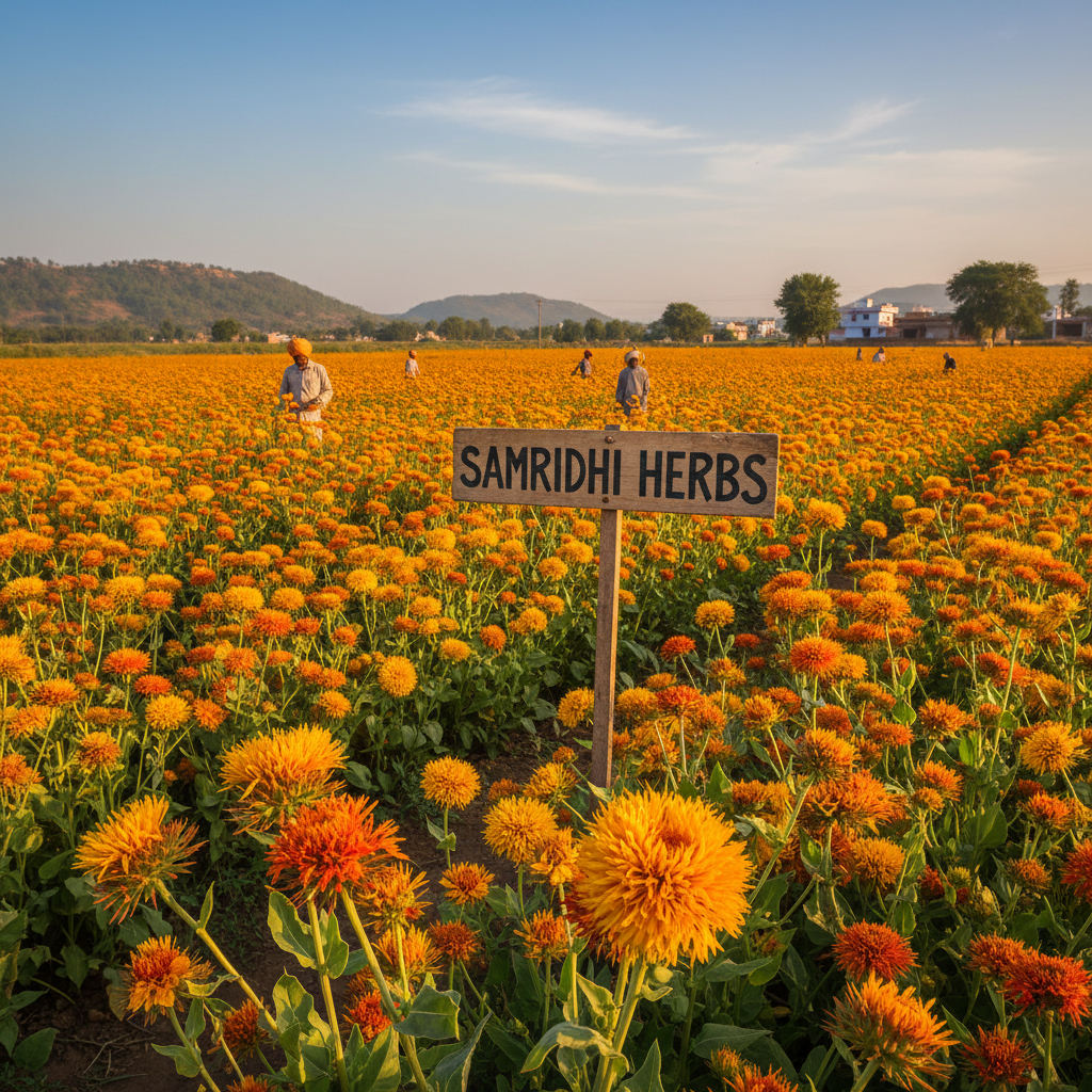 Safflower Kusum plant in full bloom in Indian farm field