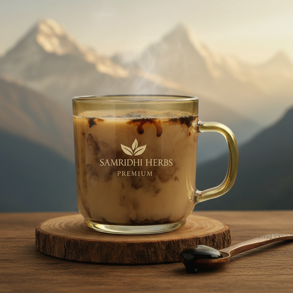 Shilajit resin dissolving in warm milk - Ayurvedic wellness ritual