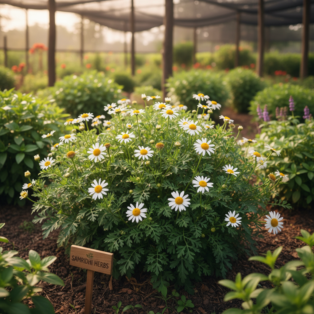 Akarkara Anacyclus Pyrethrum plant with white flowers in medicinal herb garden