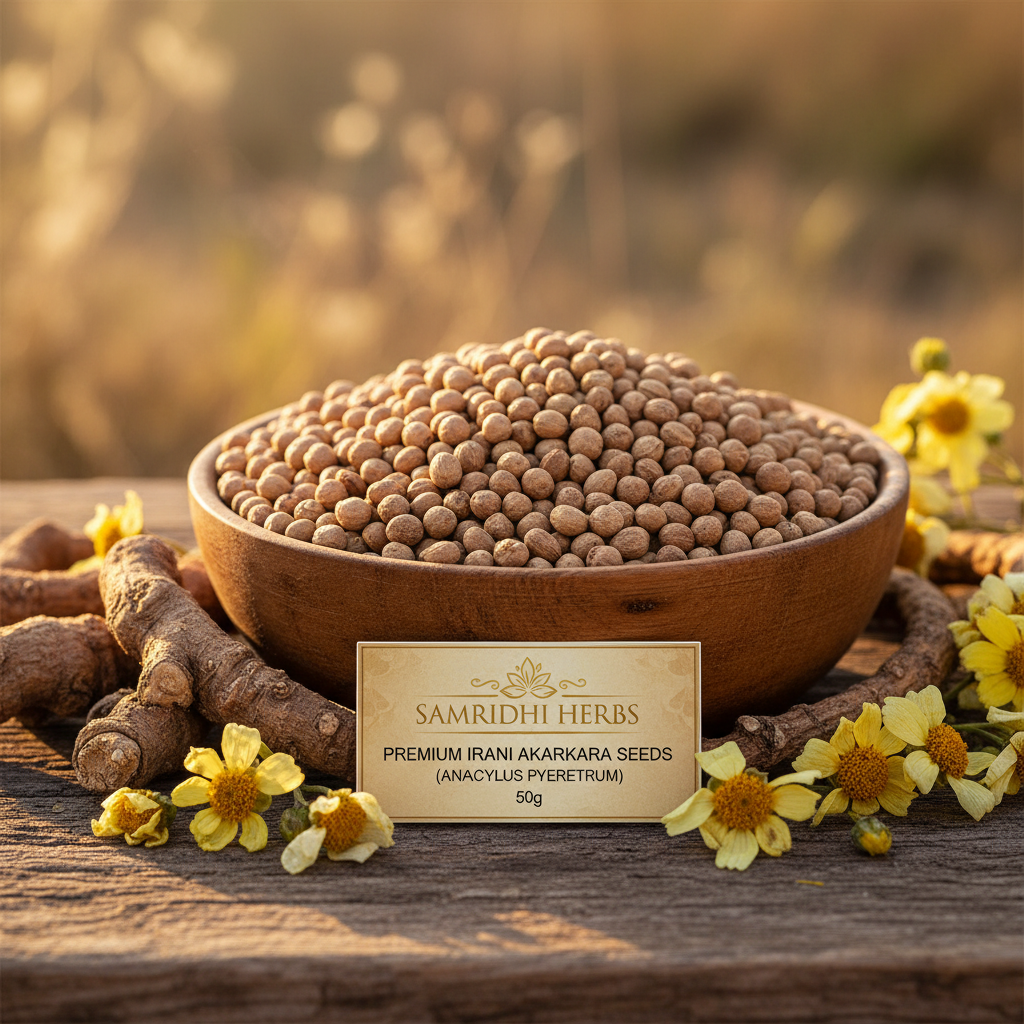 Irani Akarkara seeds in wooden bowl with dried roots and flowers