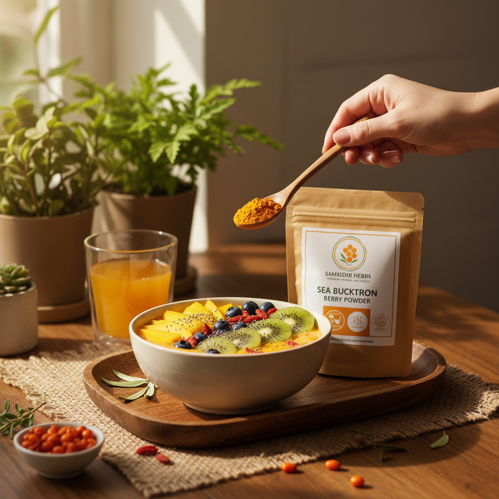 Sea Buckthorn Berry Powder added to smoothie bowl for skin glow and immunity