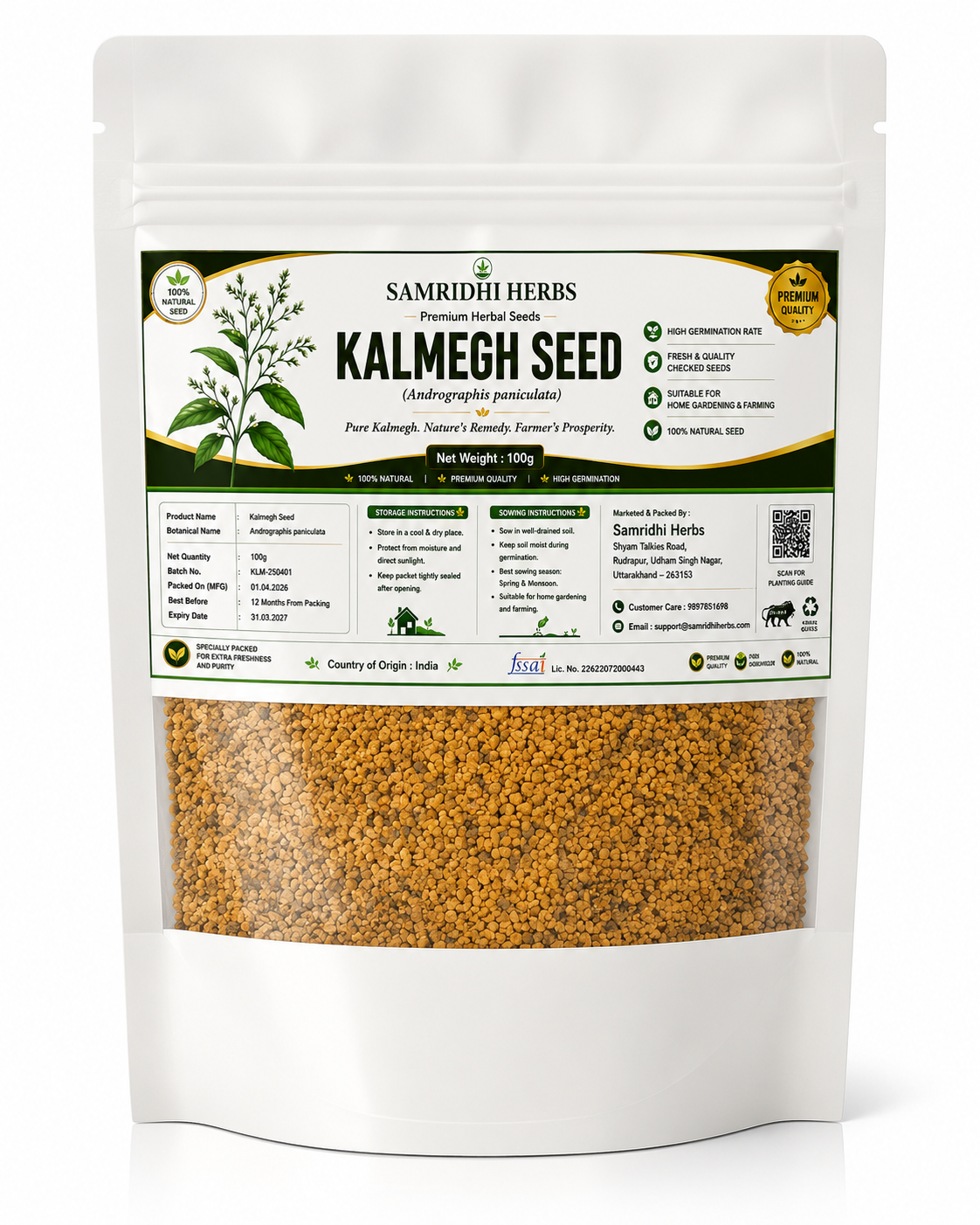 Samridhi Herbs Kalmegh Seed (Andrographis paniculata) 100g premium herbal seed packaging for planting.